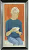 Richard, The Book Reader, Watercolor and graphite drawing of a woman seated and with small book in hands. Orange/red background