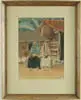 Terence R. Duren, Primitive Home, Watercolor scene shows two women with child outside a wood stick and red clay tile roof in tropical setting