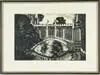 Unsigned, Reflecting Pool, Woodcut of water with bridge behind. Black and white initialed in right side “E.M”. SIGHT