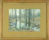 D.F. Anderson, Forest Pool, Watercolor late fall scene shows wooded area with rock lined pool. Some leaves are present