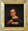 Unsigned, Portrait of a Young Boy with His Puppy, Charming oil on panel shows boy in green dress having chubby arms holding black puppy at chest