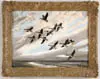 Hugh Monahan, Geese in Flight, Oil on canvas scene shows twelve geese in flight in sunlit clouds with blue sky. They fly over river with marshlands