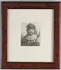 Rembrandt Hermenz van Rijn, Rembrandt with Raised Sabre, Etching shows a portrait of Rembradt with a sabre held at shoulder