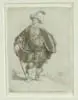 Rembrandt Hermenz van Rijn, The Persian, Etching on paper of a man in fancy dress holding cane at one foot