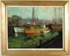 J. J. Enwright, Fishing Port, Maine, Oil on canvas scene shows several fishing boats tied to large wharf with large buildings behind