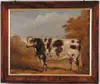 Unsigned, Portrait of a Bull, Oil on canvas portrait of a white and brown bull standing in a landscape setting with blue sky and white clouds