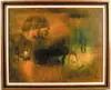 Leba Dang, Abandoned Garden, Oil on canvas impressionist modern scene of forest with orange and yellow background