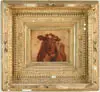 Theodore Robinson, Portrait of a Bull, Small oil on canvas portrait of a brown bull face on. A gold background. Stamp to left corner “T. Robinson Sale”