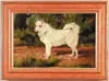 Edwin John Hoy, The White Dog, Oil on canvas dog portrait shows standing white dog with thick fur in a wooded landscape and dirt path