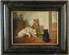 Vincent De Vos, Unwelcome Visitor, Fine oil on panel scene shows two dogs at water bowl with visiting black cat. White dog confronts black cat