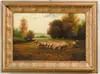 Charles Phillips, Grazing Sheep in Landscape, Oil on canvas scene shows flock of twelve sheep grazing in meadow lined with trees in a summer landscape