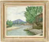 European Landscape by Uldri, Oil on panel colorful scene shows river with red tile roof houses, blue mountain and green trees, sold Aug 2003