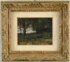 Twilight Pastoral by Willemus de Zwart, Watercolor on paper scene shows two figures beside rustic house amongst trees with colorful sunset as backdrop, sold Aug 2003