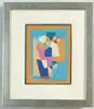 Emil Bisttram, Geometric Abstract I, Oil on paper abstract with geometric shapes including circles and trapezoids. Colors of blue, ivory, gold and purple