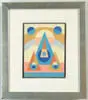 Emil Bisttram, Geometric Abstract Ii, Oil on paper abstract with geometric shapes including triangles and circles. Colors of gold, blue, tan and rose