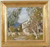 Walter Elmer Schofield, House in Landscape, Oil on wood panel scene shows large connected house surrounded by trees with tall mountain backdrop. Summer scene
