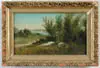 George M. Hathaway, Two Coastal Landscapes, 1) Oil on board coastal scene shows house at end of rocky point with greenish/blue waves coming onto rocky shore