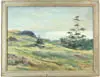 Mary Cable Butler, Maine Coastal View, Oil on canvas scene shows grass and rock covered coastline leading to houses and water
