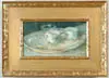Edward Cucuel, Still Life with Teacups and Round Tray, Oil on wood board still life shows round tray having two decorated handled teacups and one small glass flower vase