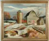 Dudley Henry Morris Jr., Hilltop Barn, Oil on canvas rural scene shows connected barn and silo amongst snow covered farmyard