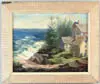 Elsie F. Scull, Fisherman’s Cottages, Monhegan Island, Maine, Oil on canvas scene shows houses with evergreen trees on small bluff overlooking blue ocean with white waves
