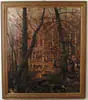 Thomas Corwin Lindsay, Autumn Forest, Large oil on canvas scene shows dense woods with two small pools of water lined by rocks
