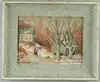 Jacob I. Greenleaf, A March Day, Oil on board New England winter scene shows two people walking down dirt road next to two houses with tall maples