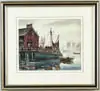 J. Knowles Hare, Motif #1, Fine watercolor of harbor scene with fishing boat docked next to red building with other sailboats and skiff in harbor