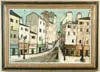 Charles Levier, French Street Scene, Large oil on canvas scene shows three people on French street lined with tall stucco buildings with colorful storefront