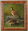 Samuel W. Griggs, Grouse in Landscape, Oil on canvas scene shows male and female Grouse. Male standing on slate gray rock. Female on grass beneath