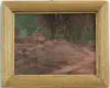 Albert Prentice Button, Welcoming Lights, Oil on canvas shows a dusk or dawn scene with small house on bluff surrounded by trees with blue sky through trees