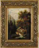 Unsigned, New Hampshire School Landscape, Oil on panel scene shows mill with water wheel nestled amongst tall trees with steep mountain peeks in background