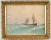 Hendricks A. Hallett, Seascape with Sailboats, Watercolor scene shows two single mast sailboats in light wind on a turquoise wavy ocean