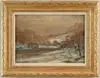 Parker Newton, Off the Isle of Arran (Scotland), Oil on board winter scene shows barn next to water with trees, snow covered shoreline and hill