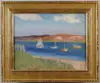 F.M., Sailboats in Harbor, Oil on canvas scene shows four boats in small inlet with low hills beyond. Beach grass in foreground