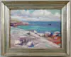 Lortac, Ile Glenan 1913, Oil on board scene shows rocky shoreline with tranquil inlet having moored sailboat. Nice colors