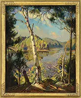William Lester Stevens, Lone Birch Beside a Lake, Oil on canvas