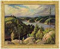 William Lester Stevens, Panoramic New England View with Lake, Oil on canvas