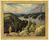 William Lester Stevens, Panoramic New England View with Lake, Oil on canvas