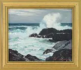 Stanley Wingate Woodward, Crashing Wave on Rockport Rocks, Oil on canvasboard