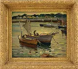 Antonio Cirino, Moored Boats Along Rockport Shoreline, Oil on artist board