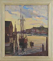 Alden Bryan, Docked Boat at Sunset, Gloucester, Oil on Masonite