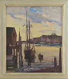 Alden Bryan, Docked Boat at Sunset, Gloucester, Oil on Masonite