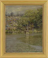 Conde Wilson Hickok, Boy Fishing Off Tree and Rock Lined Shore, Oil on canvas