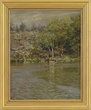 Conde Wilson Hickok, Boy Fishing Off Tree and Rock Lined Shore, Oil on canvas