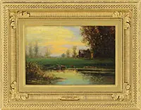 David Johnson, Sunrise Landscape with Cows at Watering Hole, Oil on panel