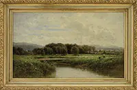 John B Bristol, Panoramic River Landscape with Grazing Cows, Oil on canvas