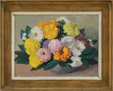 Jane Peterson, Colorful Zinnia Still Life, Oil on board