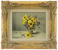 Yellow Pansies by Paul Strisik, Oil on canvas mounted to panel, sold Aug 2017