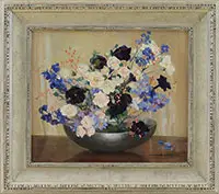 Marguerite Stuber Pearson, Delphinium, Coral Bells & Roses, Oil on canvasboard